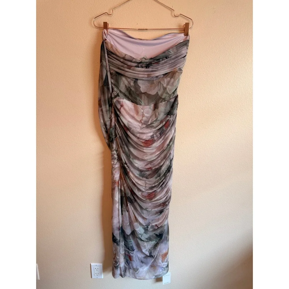 Abercrombie & Fitch Dress Womens M Green Floral One-Shoulder Mesh Ruched Maxi